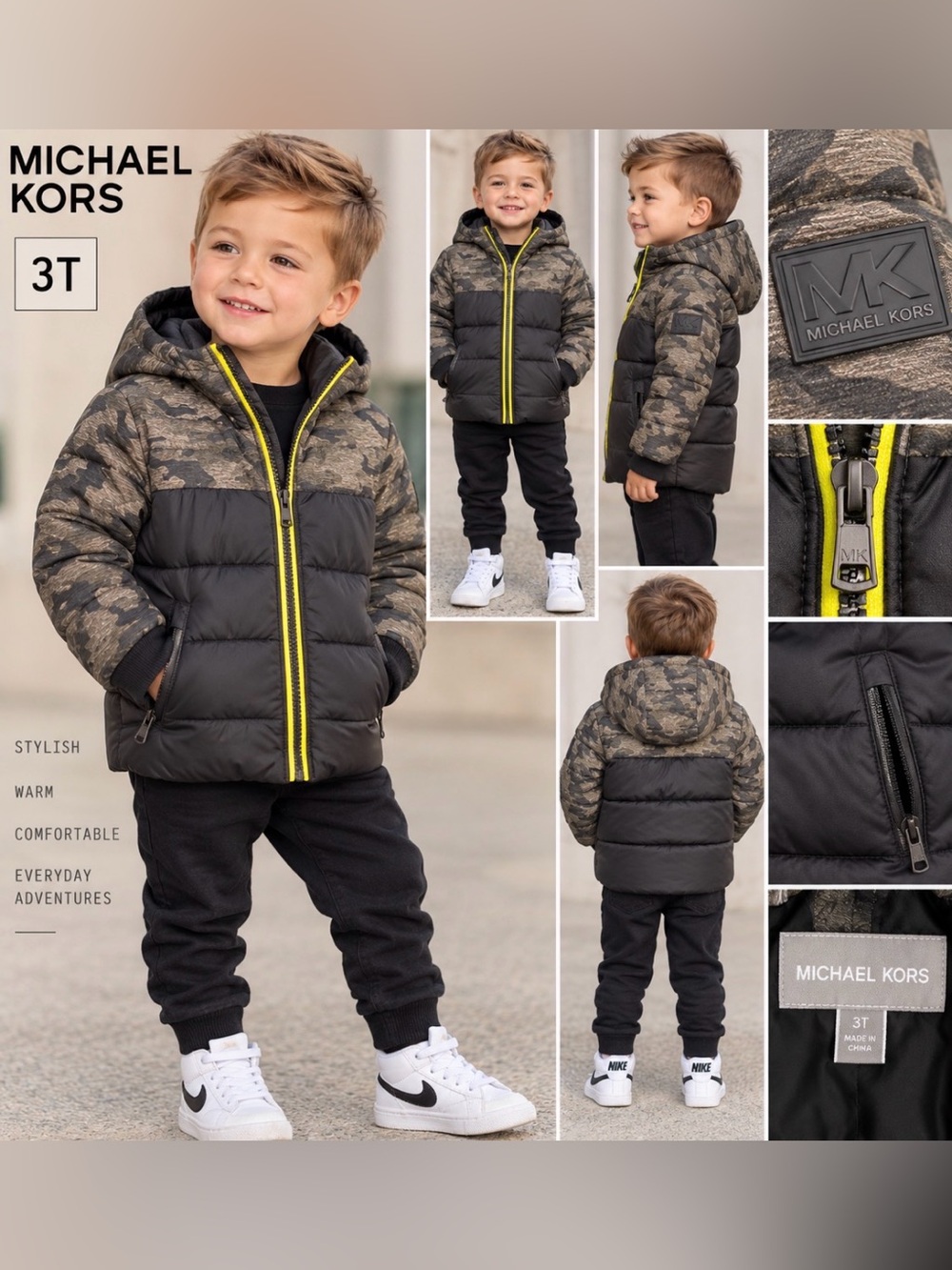 Michael Kors Boys 3T Camo Puffer Jacket Winter Hooded Black Yellow Full Zip